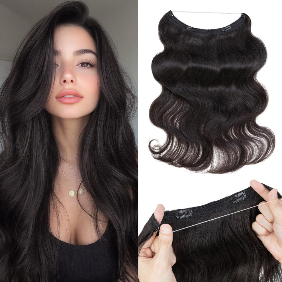 Unisex Black Halo Hair Extensions 16 Inch Wavy Natural 100% Remy Human Hair With Adjustable Invisible Wire