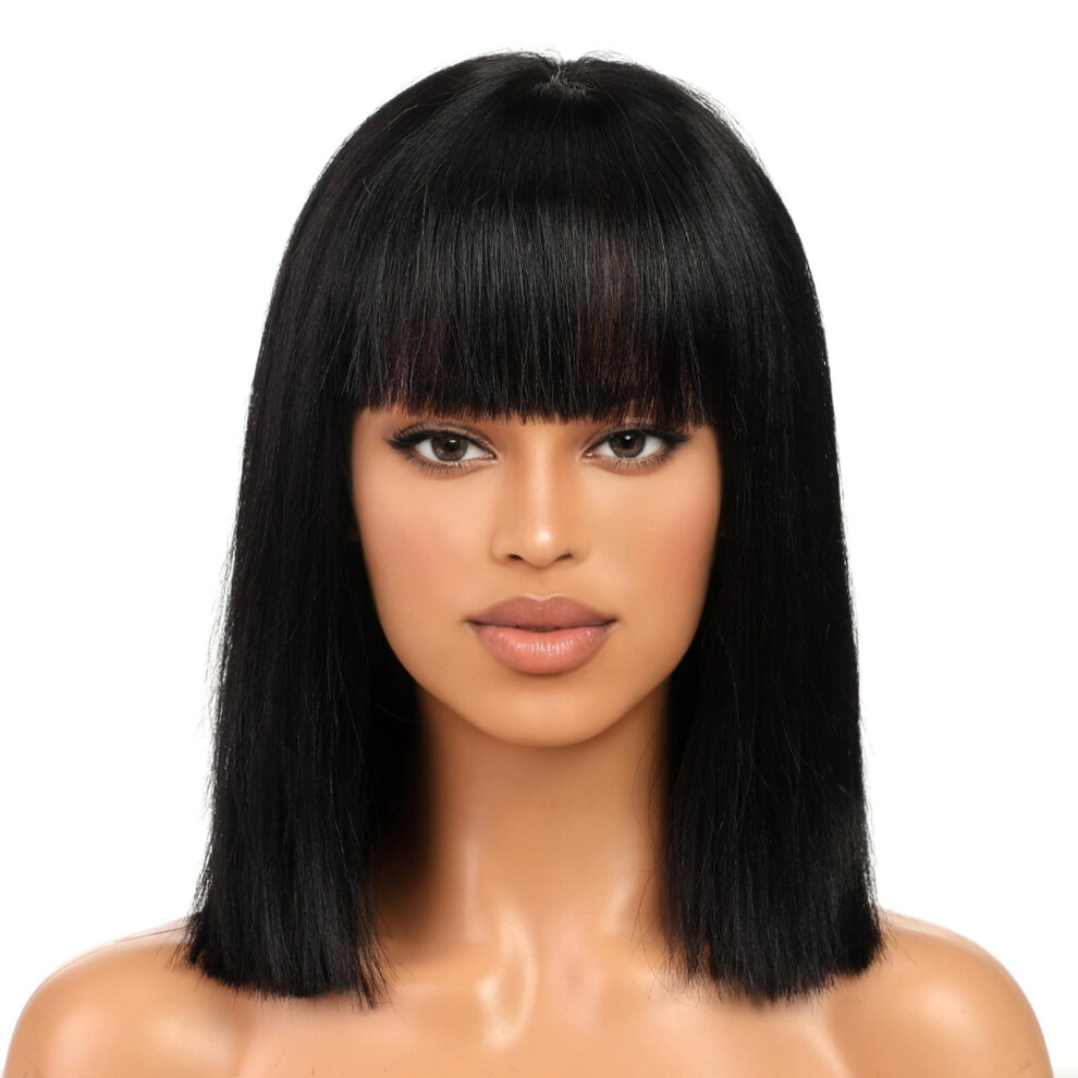 Unisex 12 Inch Human Hair Bob Wig With Bangs, Glueless Yaki Straight Hd Lace Wig For Women