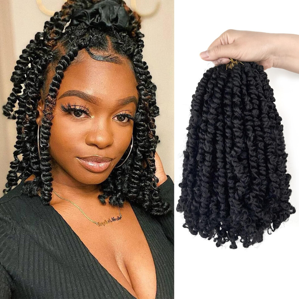 Unisex Black 8 Packs 8 Inch Passion Twist Crochet Hair 1B, Pretwisted Prelooped Braids For Women