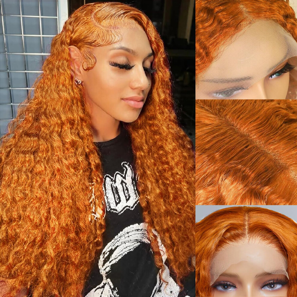 Unisex 30 Inch Ginger Lace Front Wig Human Hair Deep Wave Hd Transparent Lace Preplucked Glueless