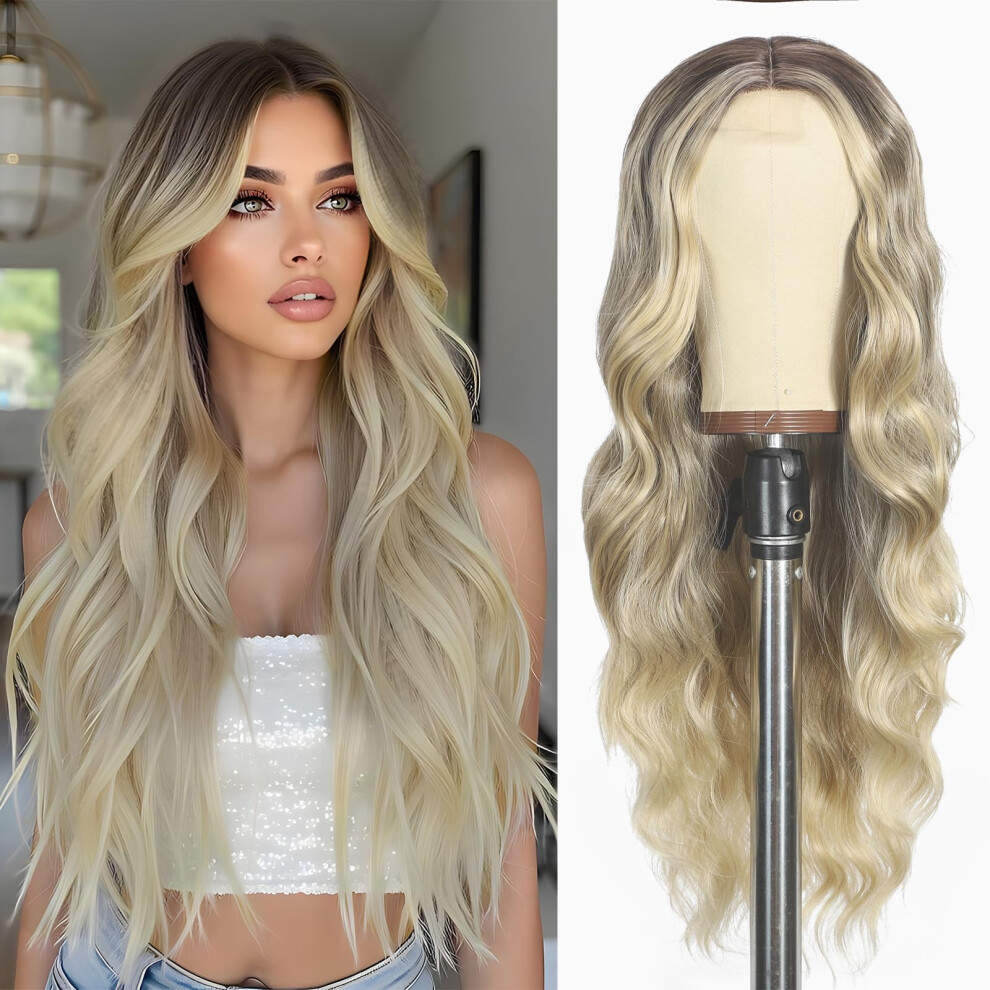 Unisex 26 Inch Ombre Blonde Wig For Women Heat Resistant Long Wavy Middle Part Natural Hairline