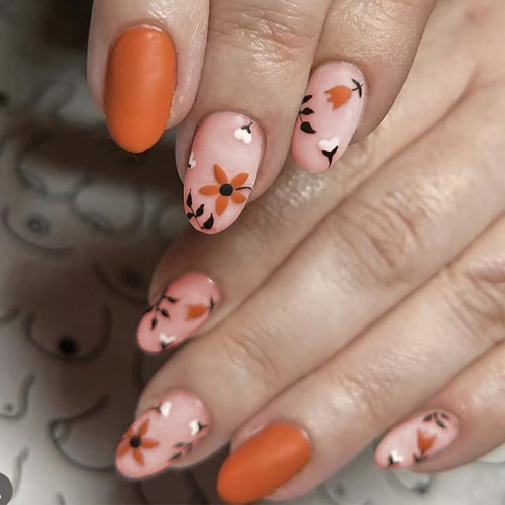 French Tip Press On Nails with Floral Design, 24pcs Reusable False Nails for Thanksgiving