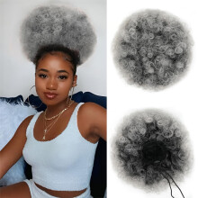 Afro Puff Drawstring Ponytail 8 Inch Ombre Gray Kinky Curly Hairpiece for Women Clip On