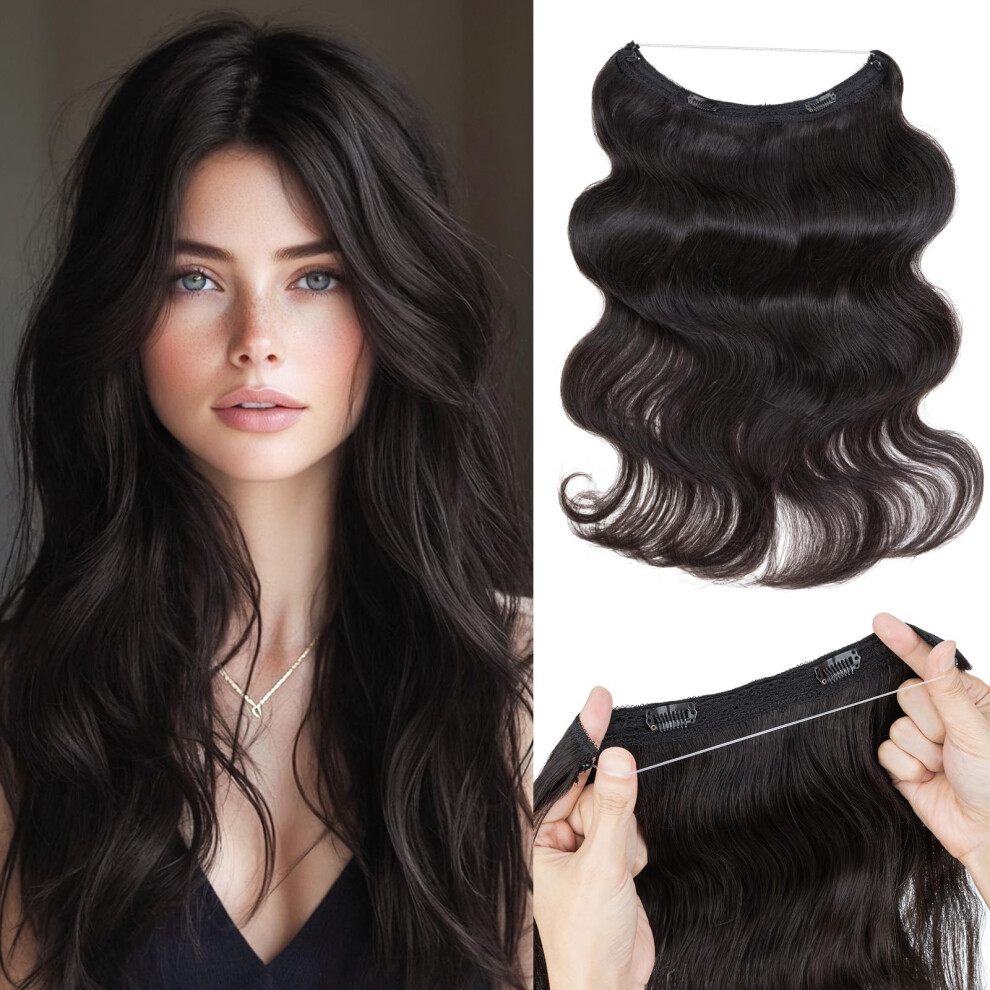 Unisex Black Halo Hair Extensions Real Human Hair 16 Inch Wavy Natural Invisible Wire Adjustable Fit