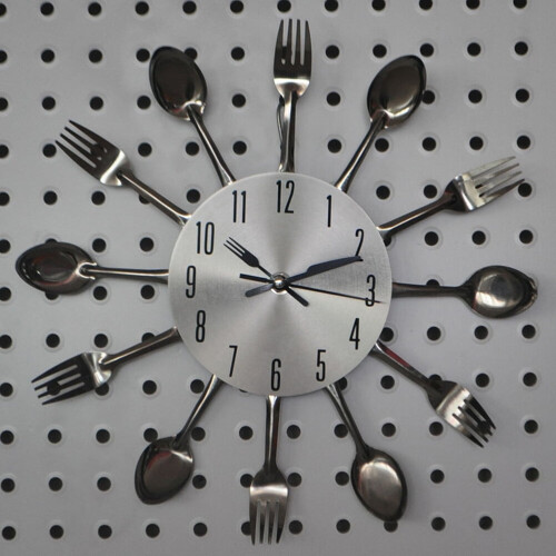 Spoon Fork Wall Clock for Kitchen Dining Room Decoration (Silver) 2