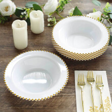 Efavormart 10 Pack White Plastic Soup Bowls with Gold Beaded Rim, Round Disposable Dessert Salad Bowls - 12oz