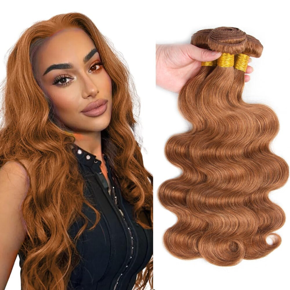 Honey Brown Body Wave Human Hair Bundles 22 Inch Peruvian Grade 8A Virgin Hair Extensions 3 Pcs