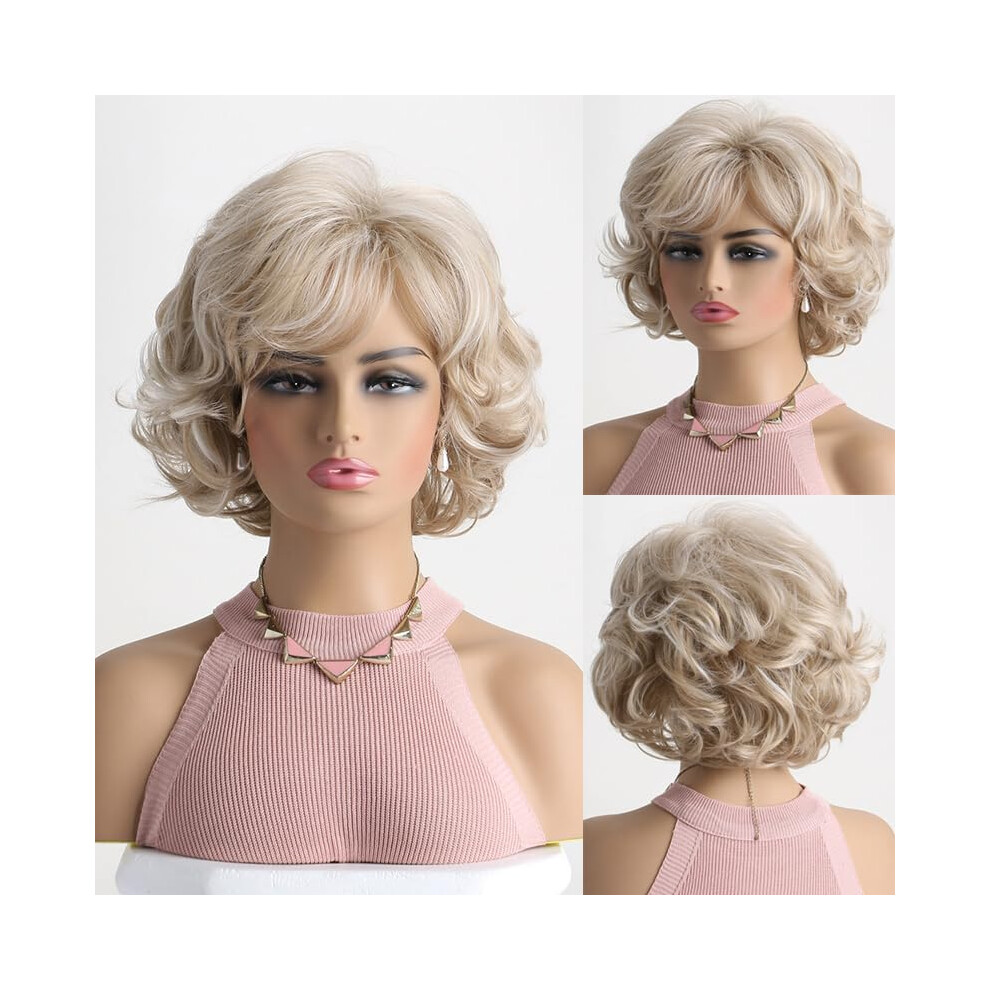 Unisex Blonde Wig Short Curly Bob With Bangs For Women Natural Wave Heat Resistant Synthetic Fiber