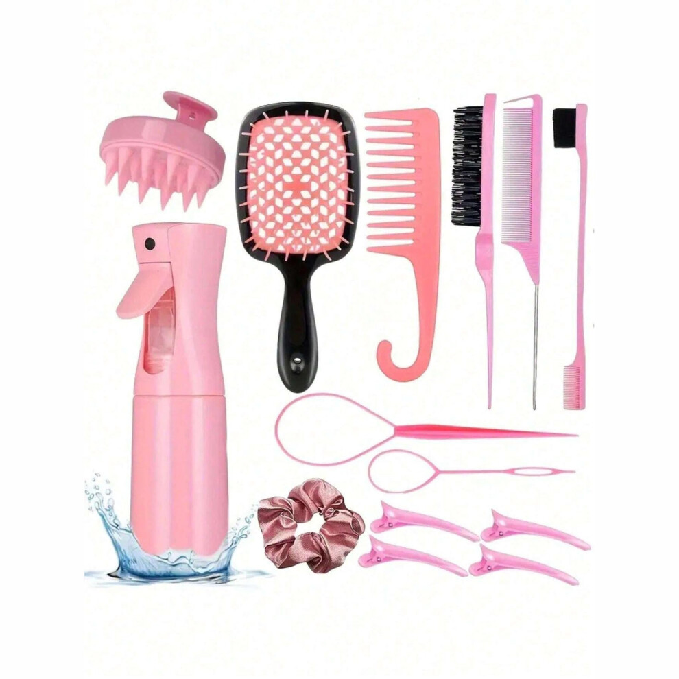 12Pcs Pink Hair Styling Comb Set with Detangling Brushes, Rat Tail Combs and Edge Control Tools