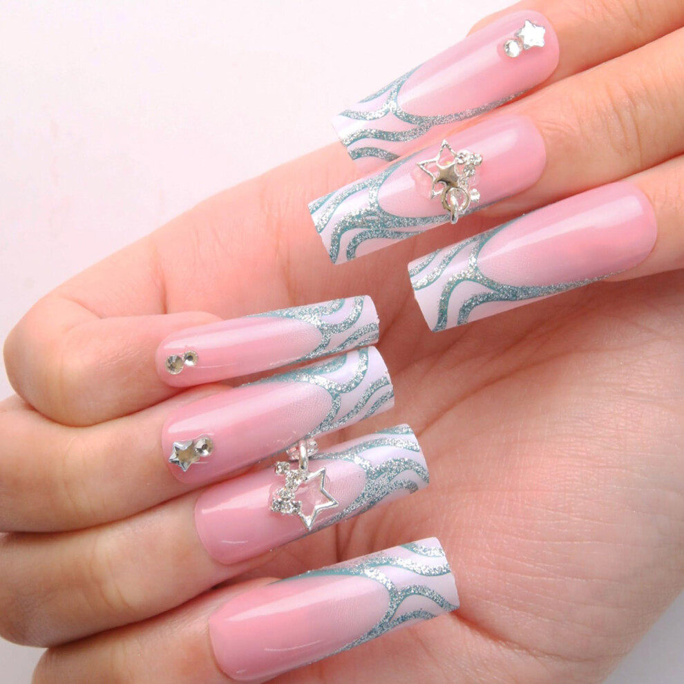 24 Pcs Ballerina Press On Nails with Rhinestones, French Tip Fake Nails with Glitter Stars