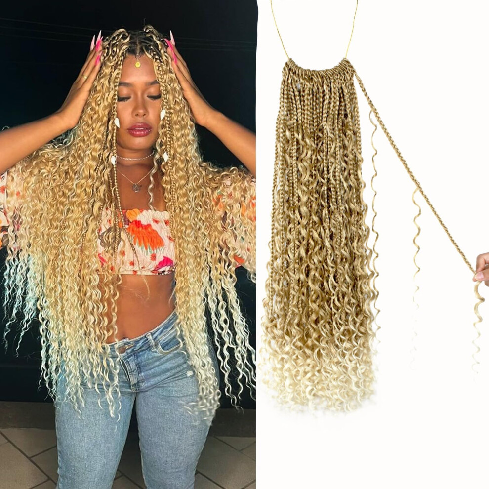 Unisex Boho Box Braids Crochet Hair 24 Inch Goddess Braids With Curls 27/613 Prelooped Natural Texture