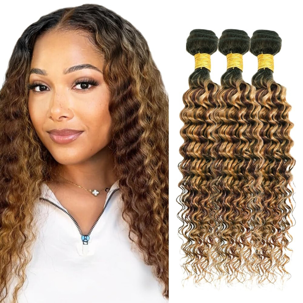 Human Hair Bundles Ombre Highlight Deep Wave Extensions 16 18 20 Inch Brown Honey Blonde
