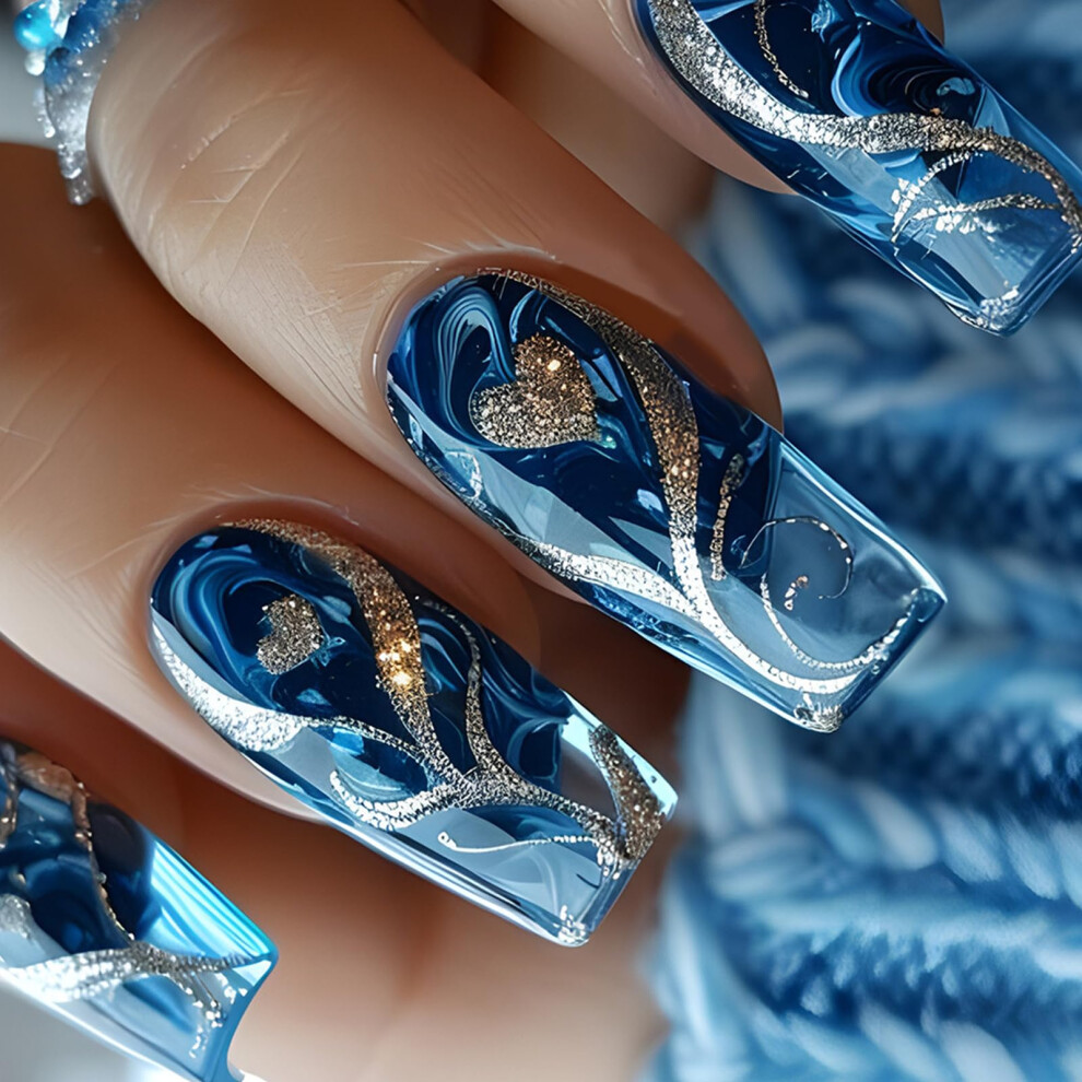 Blue,Gold 24Pcs Long Coffin Press On Nails With Gold Glitter Hearts Blue False Nails For Women