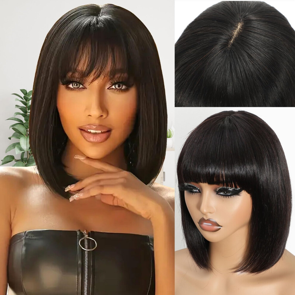 Short Bob Wig with Bangs Human Hair Glueless 12 Inch 180% Density Middle Part Natural Look