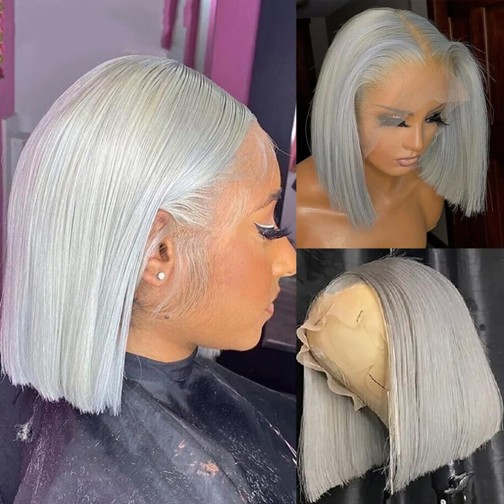 Unisex Silver,Grey Grey Bob Wig Human Hair Silver 13X4 Lace Front Preplucked Hairline Glueless 12 Inch Short