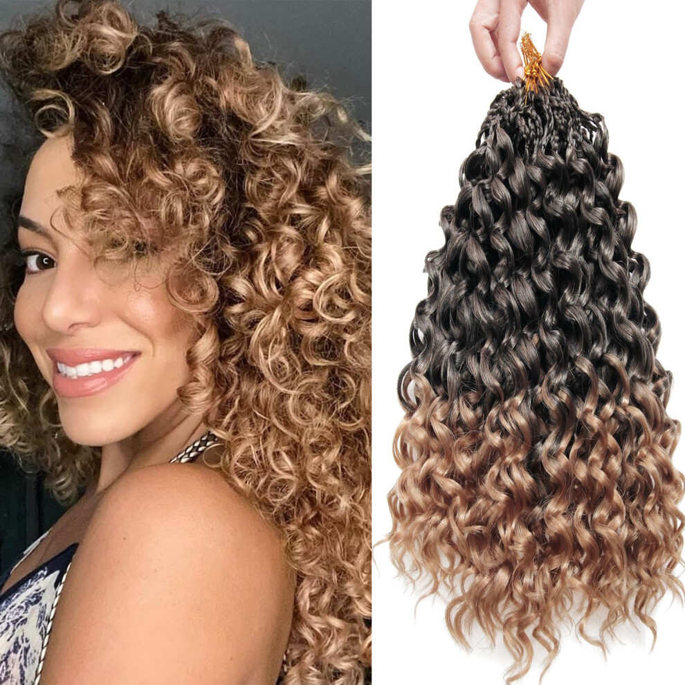 Unisex Black 14 Inch Pre Looped Crochet Braids For Women, 8 Packs Curly Wave Synthetic Hair T1b/27, Heat Resistant And Tangle