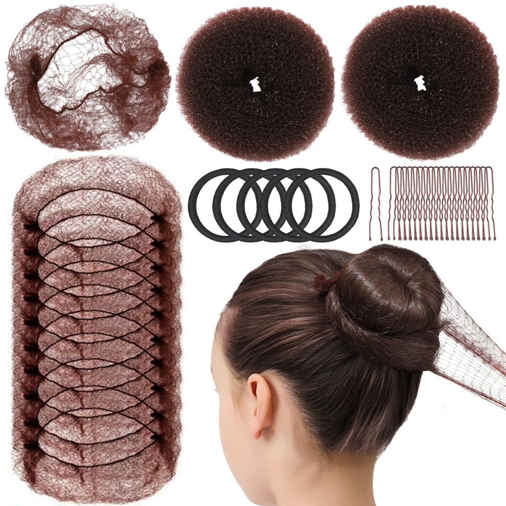 Unisex Brown Hair Bun Maker Kit With Medium Hair Donut For Dark Hair, Nets, Bobby Pins And Bands