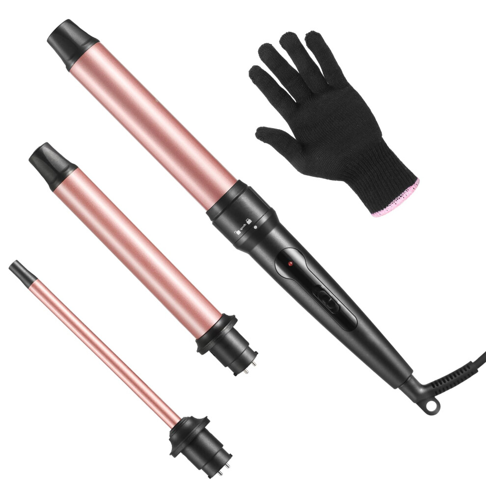 Gold 3 In 1 Curling Iron Set With Interchangeable Ceramic Barrels, Tourmaline, Heat Glove, Dual Voltage