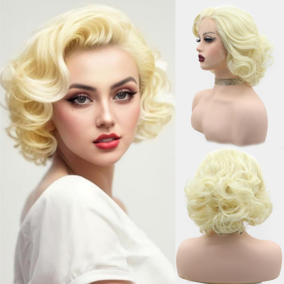 613 Platinum Blonde Short Curly Lace Front Wig with Realistic Hairline, Heat Resistant Bob for Women