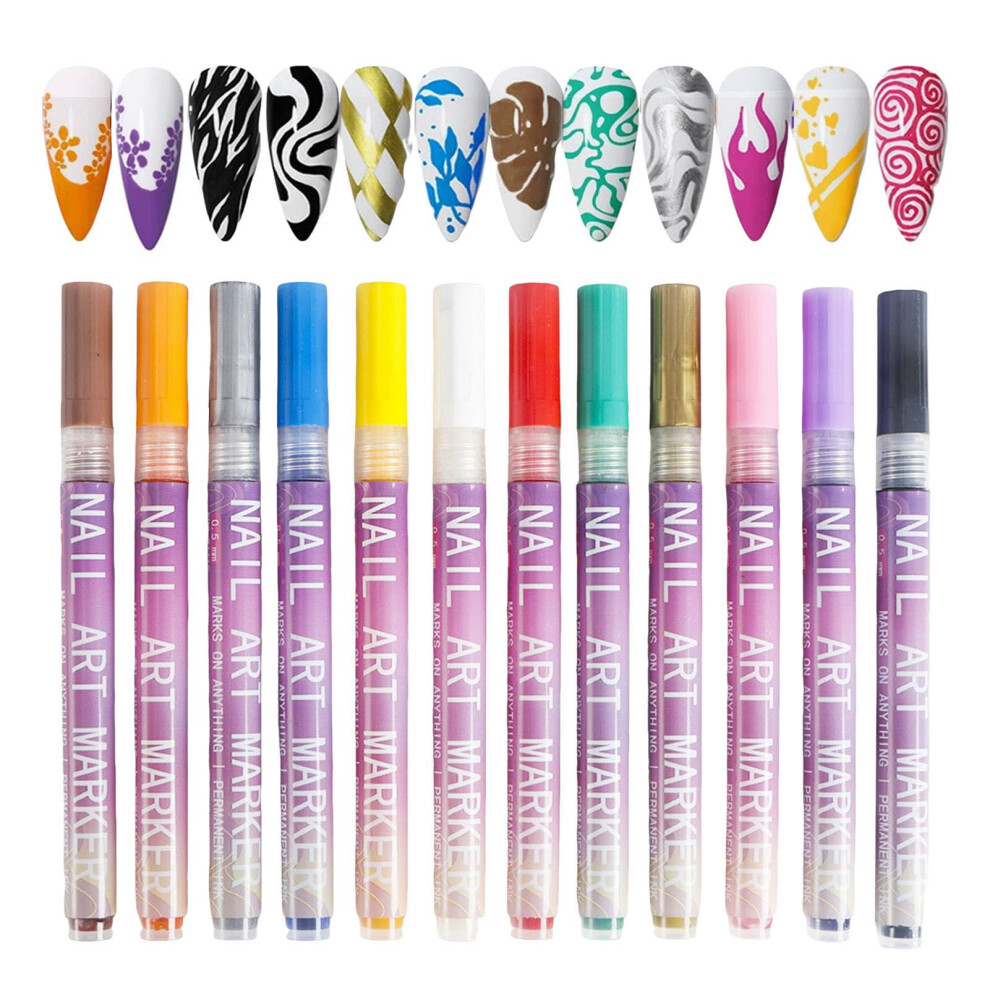 12 Colors Nail Art Pens Set with Precision Fine Tip Acrylic Markers for DIY Nail Painting