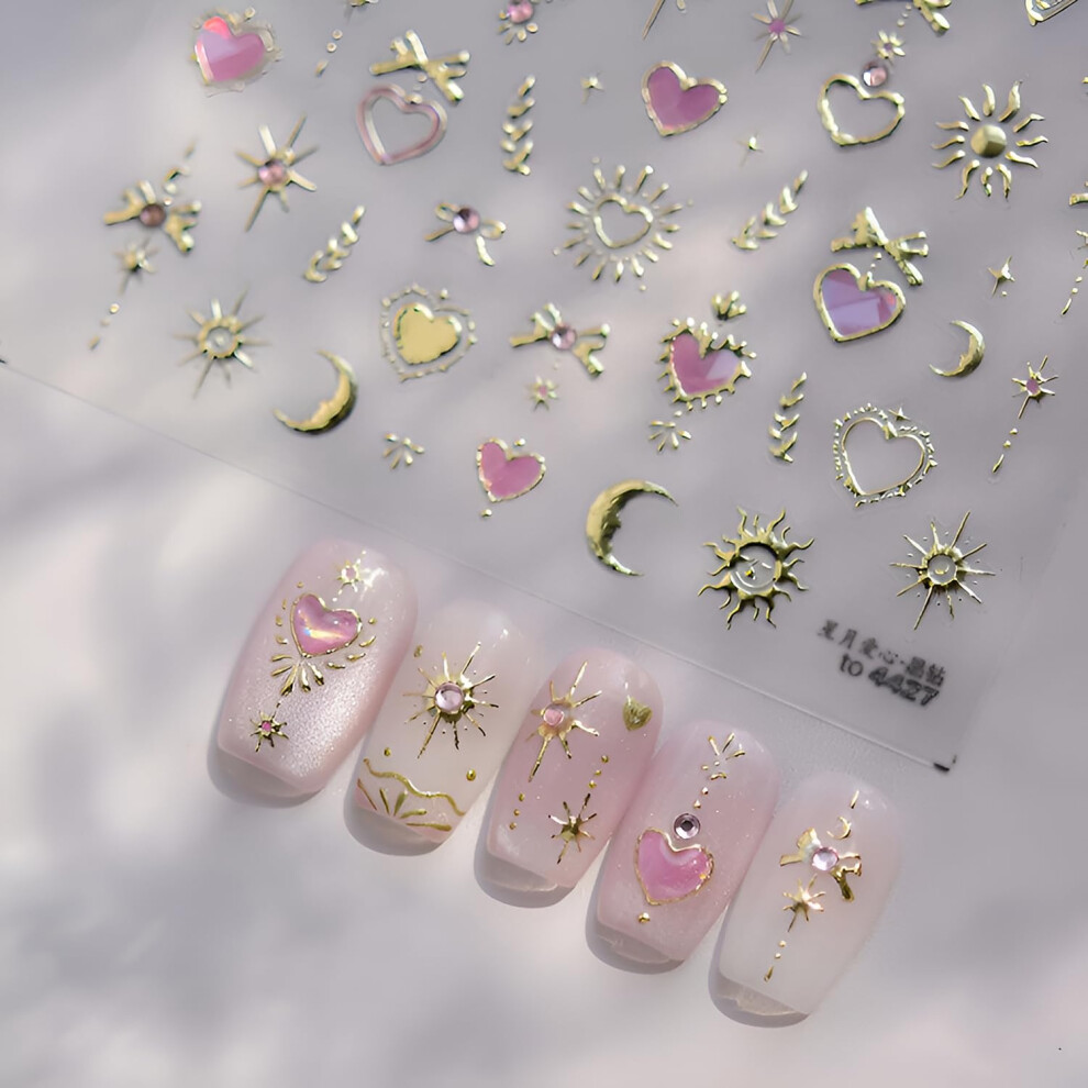 Gold/Purple 5D Embossed Nail Art Stickers With Moon Star And Gem Heart Selfadhesive Designs For Diy Manicure Accessories