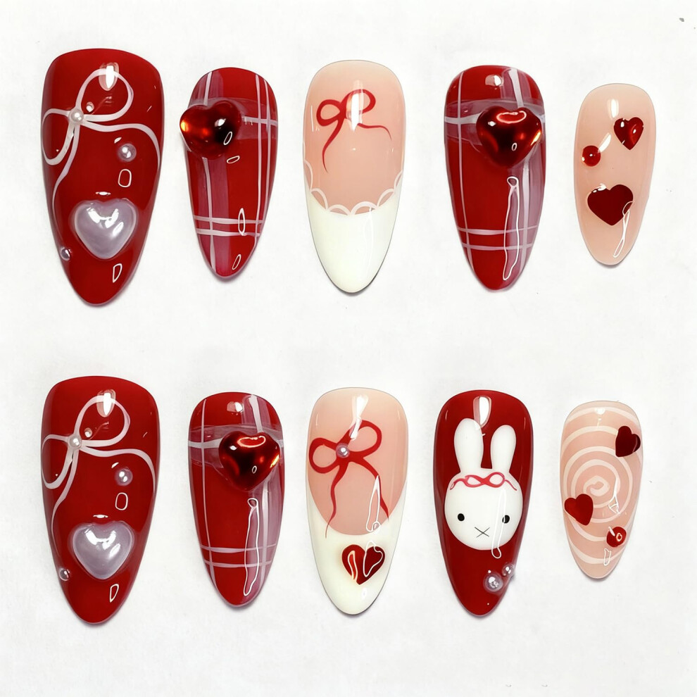 24Pcs Valentine Press on Nails Medium Almond French Tip Fake Nails with Heart and Rhinestones