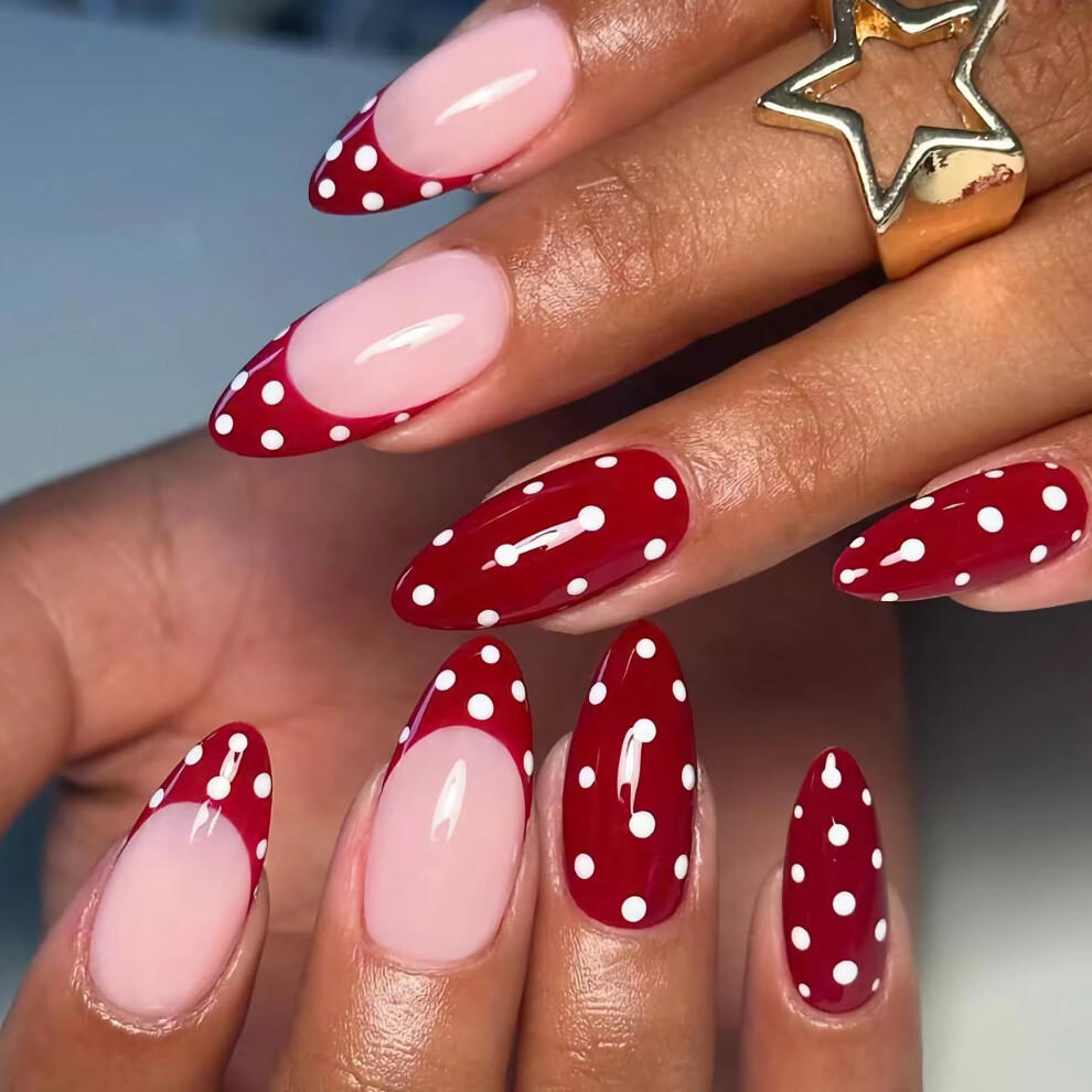 Red Medium Almond Press On Nails Polka Dot French Tip Fake Nails For Christmas, Glossy 24Pcs With Glue