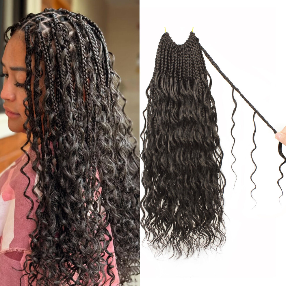 Unisex Boho Box Braids Crochet Hair 14 Inch Prelooped Bohemian Braids With Curly Ends, #4 Synthetic Fiber
