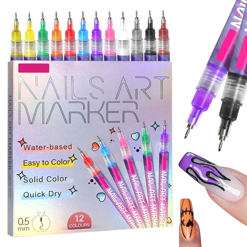12 Colors Nail Art Pens Set with Ultrafine Precision Tip, QuickDrying Nail Art Markers for DIY Manicure