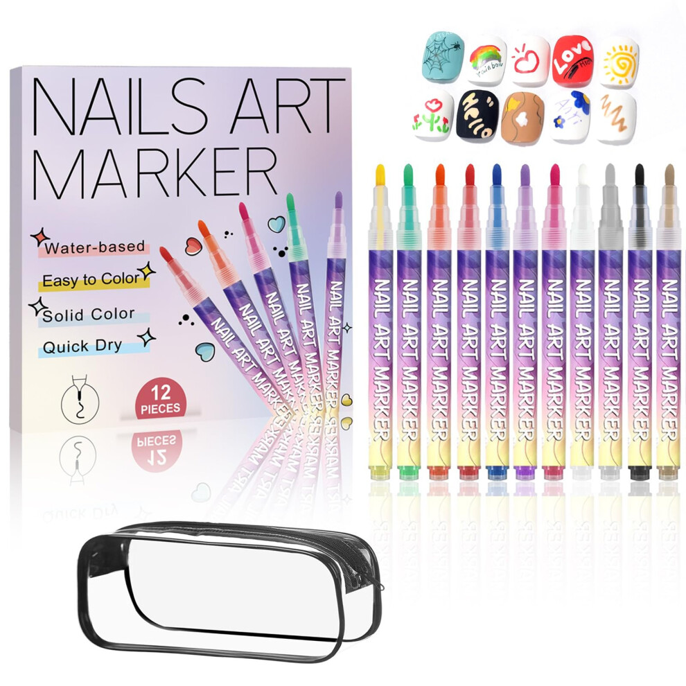 12 Colors Nail Art Pens Set with 0.7mm Fine Tip, QuickDry WaterBased Markers for DIY Nail Design