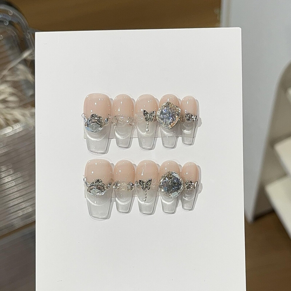 Icy Blue French Press On Nails Nude Pink Gradient Fake Nails with Crystal Pearl Accents, Reusable Medium Square