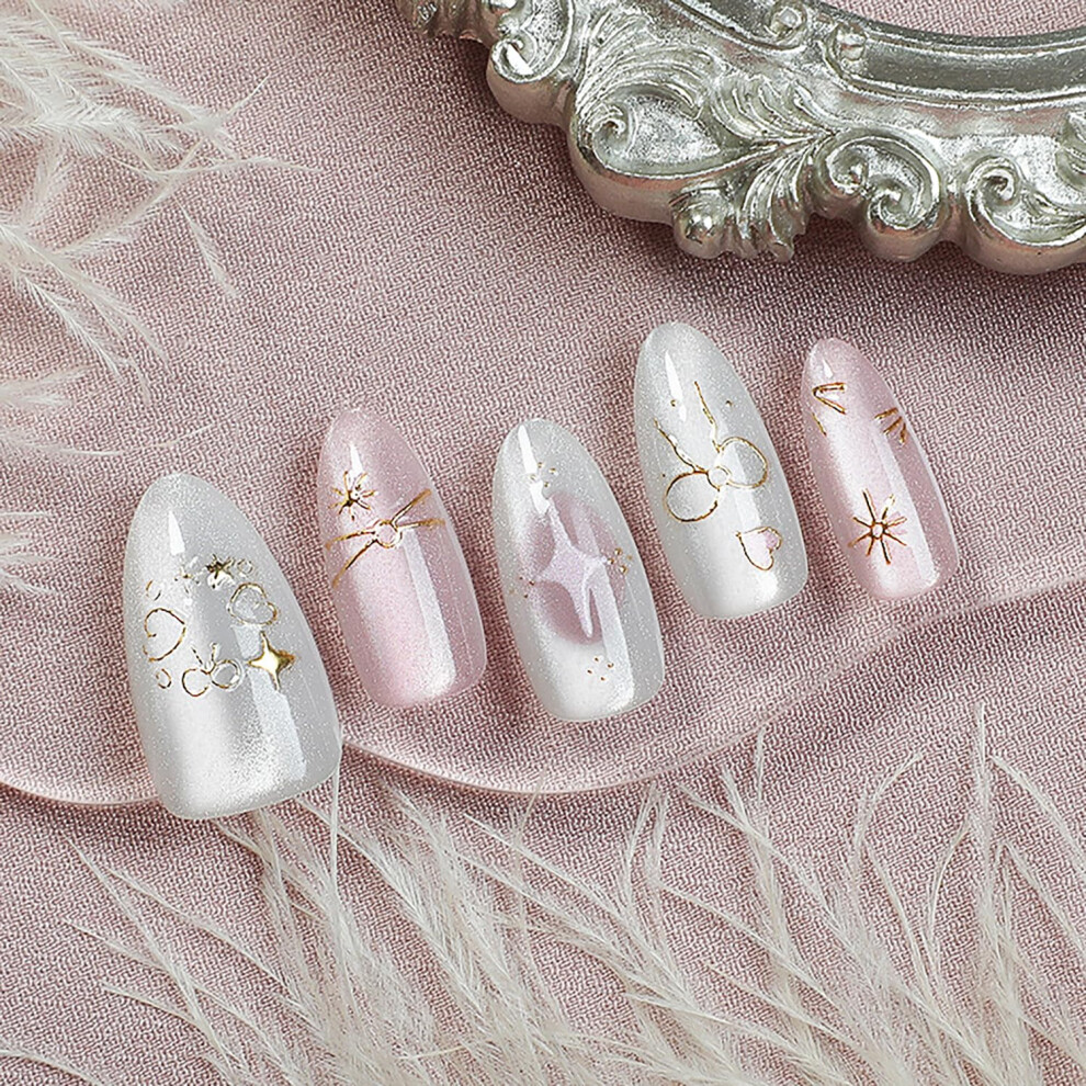30Pcs Valentine's Day Press On Nails Medium Almond Glitter Fake Nails with Hearts and Bows