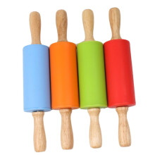 Silicone Rolling Pin Mini Non Stick with Wooden Handle for Baking Pastries Cookies and Noodles Orange