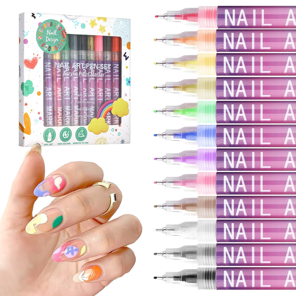 12 Colors Nail Art Pens Set with 1mm Fine Tip, Quick Dry Markers for Detailed DIY Nail Designs