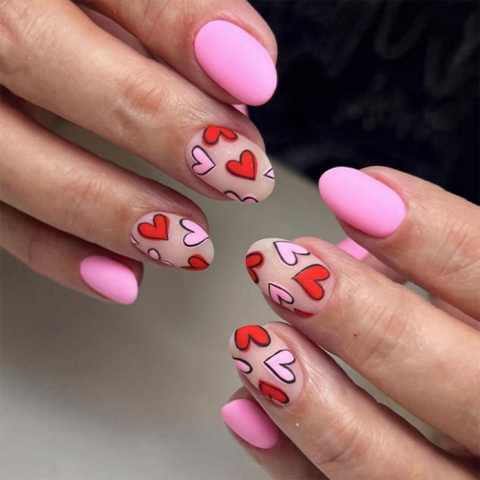 Almond Press On Nails Set with French Tips and Valentine Design, 24Pcs False Nails Gift Pack