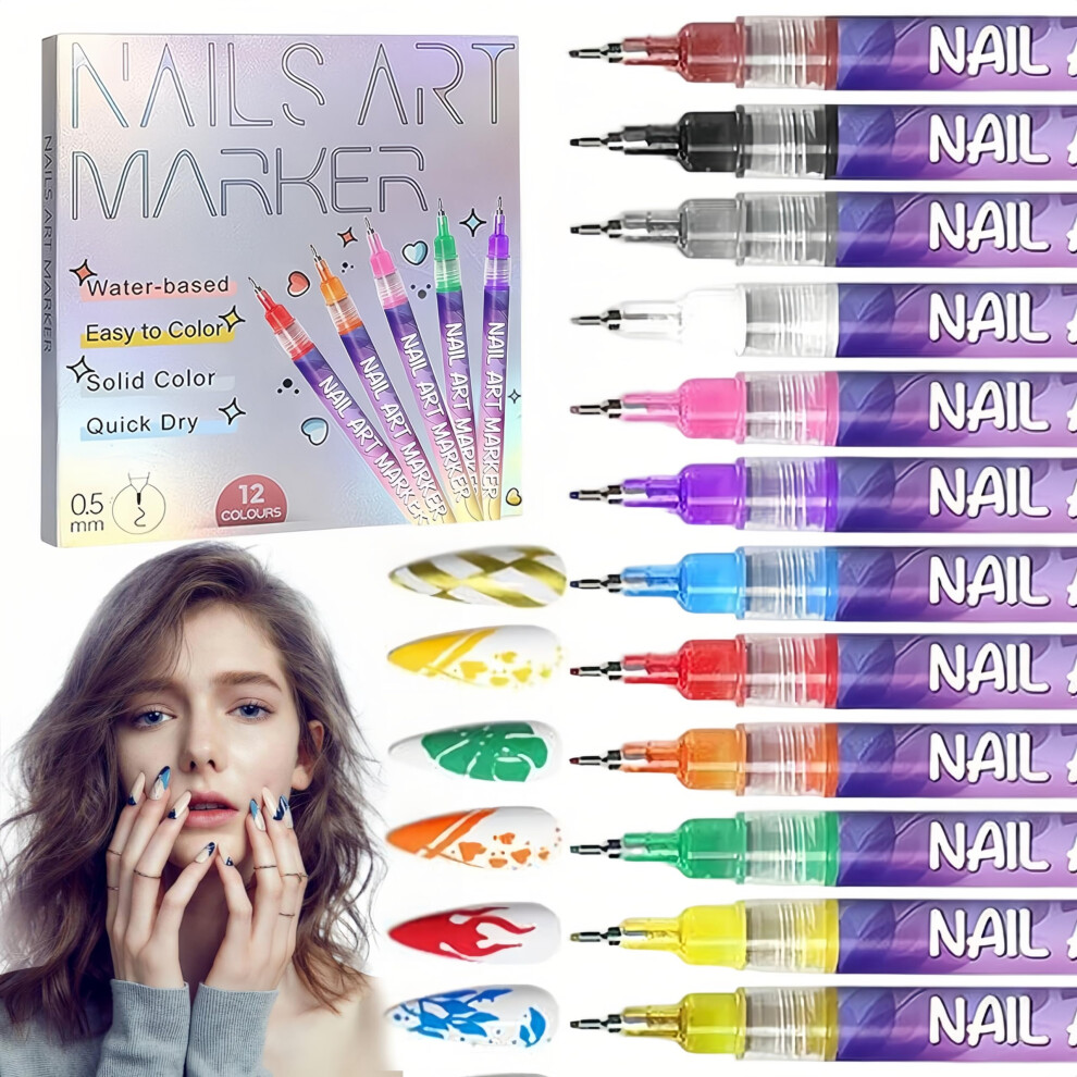 12 Colors Nail Art Pens Set, QuickDry 0.5mm Fine Tip Nail Polish Pens for DIY Manicure Design