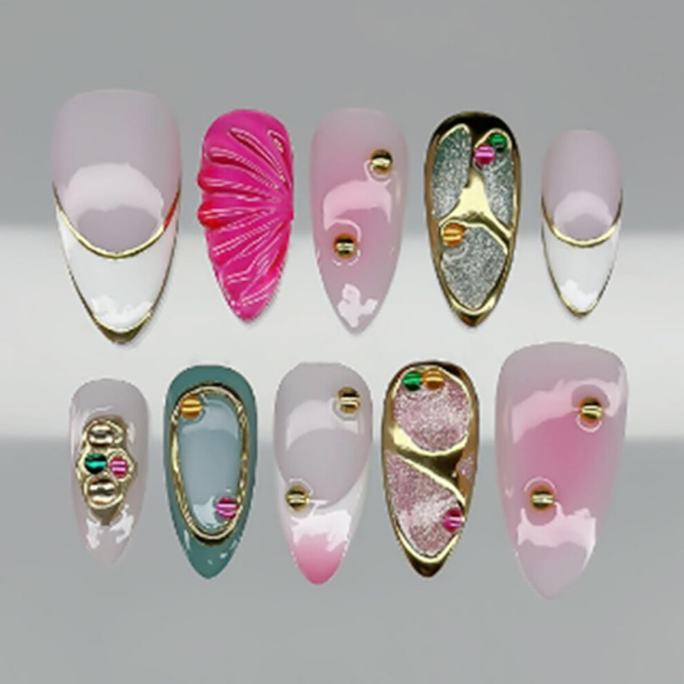 Red 24Pcs Medium Almond Press On Nails French Cat Eye With Rhinestones Salonquality Manicure Kit