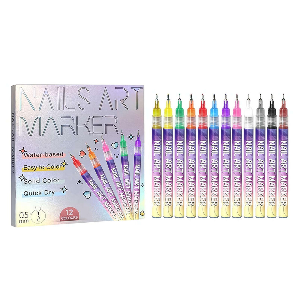 12 Color Nail Art Pens Set, Fine Tip Acrylic Paint Pens for Nails, Waterproof QuickDry Markers