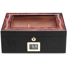 Cedar Wood Cigar Humidor with Glass , Lock and Hygrometer, 35 Count Black Cigar Storage Box