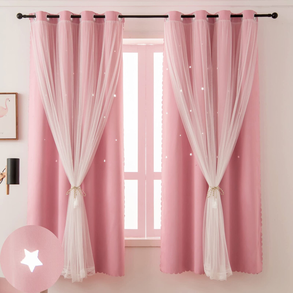 Blackout Curtains For Girls Bedroom With Star Cutout Double Layer Sheer Overlay, 52X63 Inch Pink