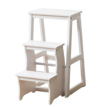 Wooden 3 Step Folding Ladder Chair with Storage for Home and Library, White, 100KG Capacity