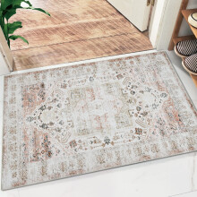 Garvee 3' x 5' Small Area Rug Indoor Washable Door Mat Taupe Floral Print Rug Vintage Floor Cover Foldable Thin Rug for Entryway Home Decor