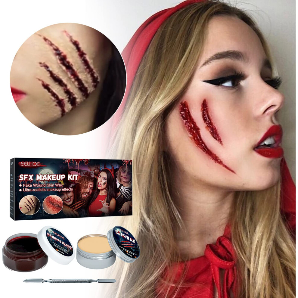 Halloween Special Effects Makeup Kit with Scar Wax and Fake Blood, Two Color Skin Safe Set