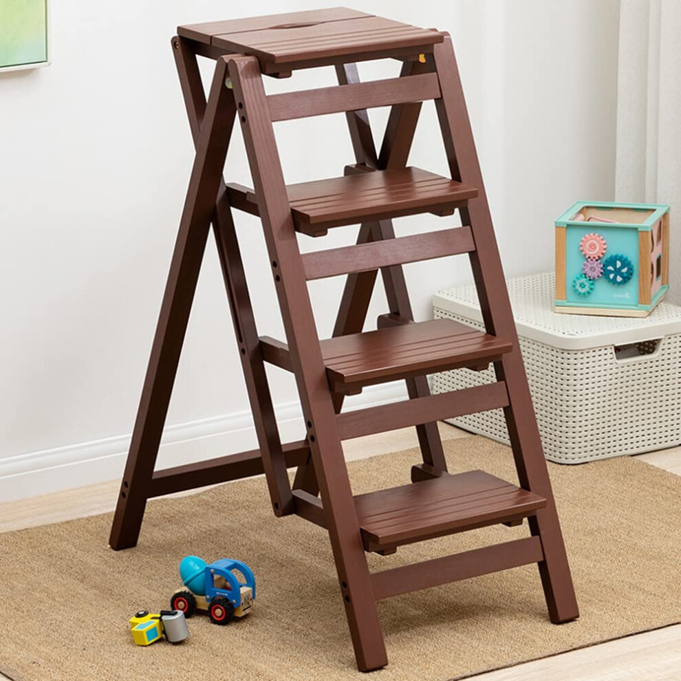 Wooden Folding Step Stool Ladder With Cushioned Seat, Nonslip Wide Steps, 150Kg Capacity For Kitchen And Household Use 9070919579424