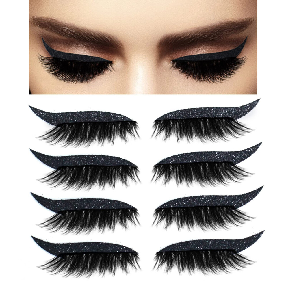 Black Reusable Glitter Eyeliner And Eyelash Stickers Waterproof Selfadhesive 4 Pairs
