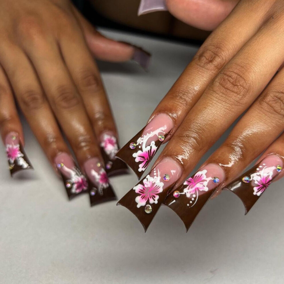Brown Flower Press on Nails with Glue Full Cover Rhinestone Fake Nails for Women 24PCS