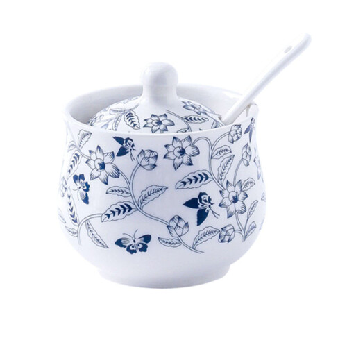 Sugar Bowl with Lid and Spoon, Ceramic Spice Jar, Cute HandDrawn Pattern, White 200ml