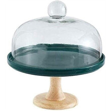 Ceramic Cake Stand with Wooden Base and Glass Cover for Elegant Dessert and Sushi Display