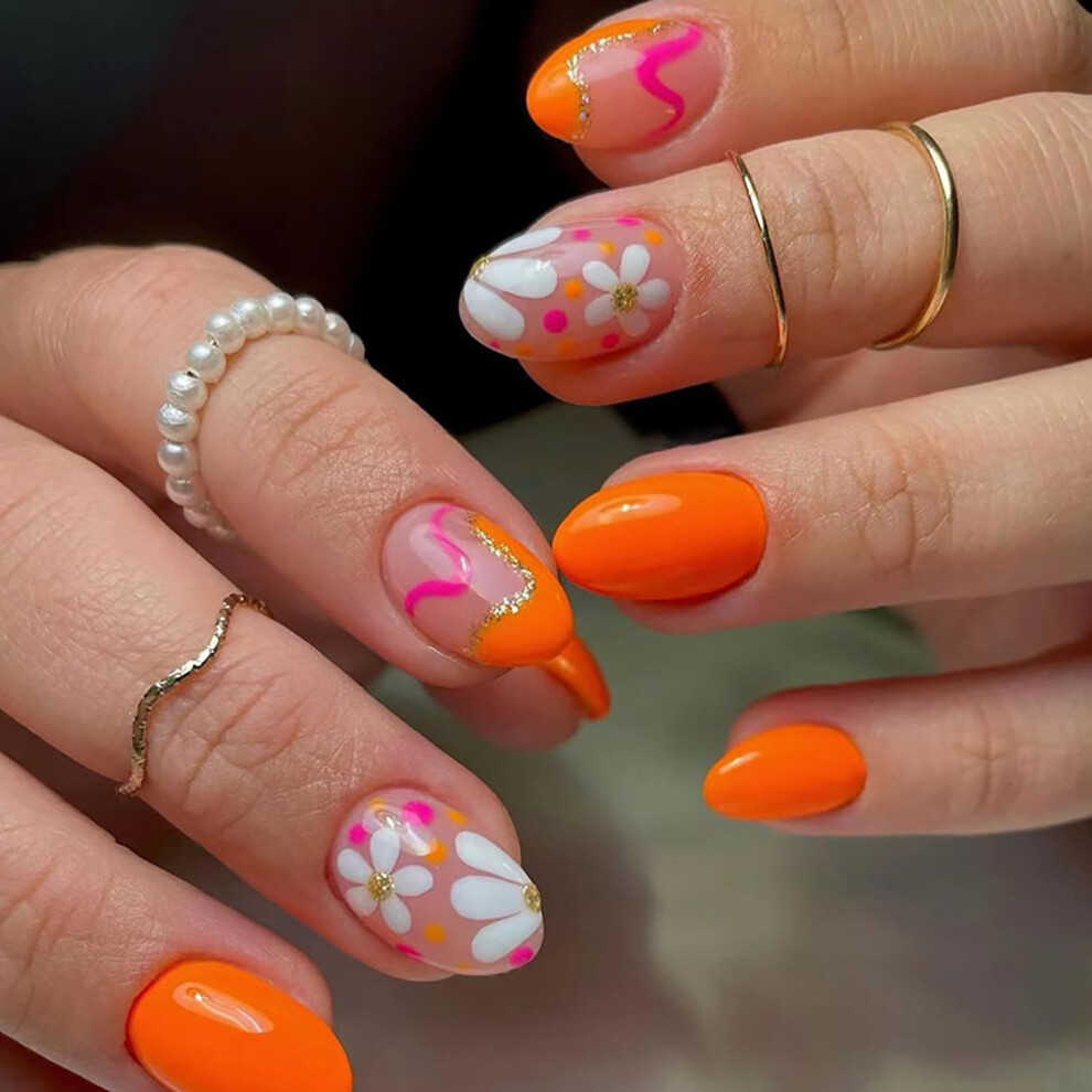 Short Orange Daisy Press On Nails with Gold Glitter, 24pcs Reusable Acrylic Fake Nail Tips