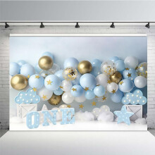 Baby Blue and Gold Boy One Birthday Photo Studio Portrait Backdrop Props for Cake Smash Balloons Cloud Stars